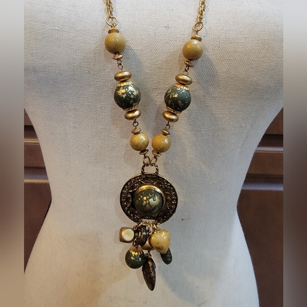 Boho Green Beaded Long Statement Necklace Ornate Medallion Pendant 32”